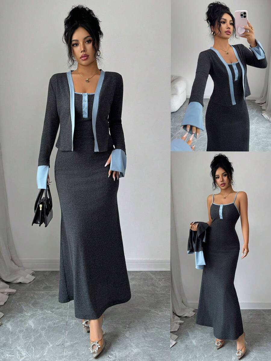 Elenzga A Two Pieces Autumn Set Of Elegant And Stylish Knitted Garments For Women - Grey - View 1