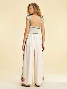 CAJUNI 女士休闲度假热带花卉印花杏黄绿色吊带蝴蝶结无袖露肩连体裤，浪漫自然风，适合约会、派对、音乐节、户外活动 - 彩色 - 查看 2