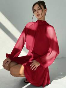 Aloruh Women's Elegant Commuter Solid Color Lantern Sleeve Mini Dress High Neck Dress - Burgundy - View 4
