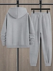 Manfinity Homme 男士纽约市标语字母印花休闲卫衣和运动裤套装（2件套），冬季男装，秋季男装 - 灰色 - 查看 2