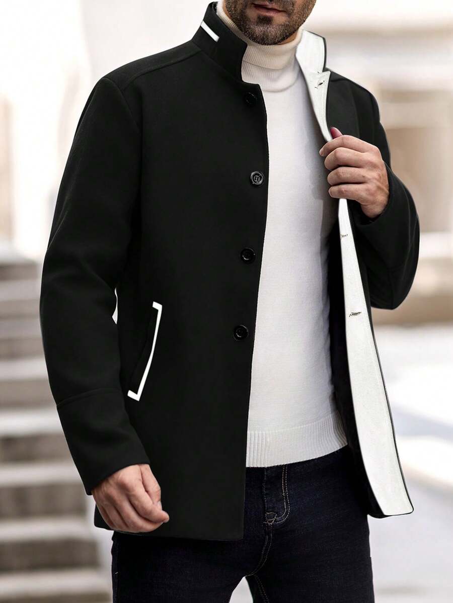 Manfinity Homme Men's Contrast Color Minimalist Casual Long Sleeve Wool Sweater Men Coat Black Jacket For Men Men Outerwear Woolen Jacket Men - Black and White - View 1