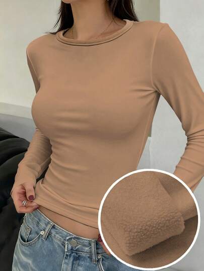 FRIFUL Camiseta casual de mujer de unicolor, cuello redondo, manga larga y ajustada