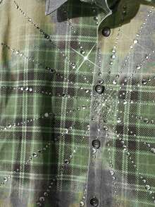 NEON BLANC 男士水钻格纹印花短袖单排扣牛仔衬衫 - 綠色 - 查看 6