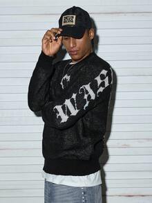 Modcrash 男士秋冬新款个性化天使卡通图案提花休闲复古百搭圆领长袖毛衣 - 黑色 - 查看 4