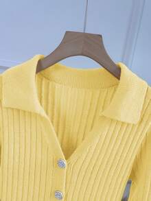 GlowEve Autumn/Winter New Casual Fashionable Exquisite Elegant Luxury Polo Collar Long Sleeve Ribbed Rhinestone Button Knitted Dress - Light Yellow - View 5
