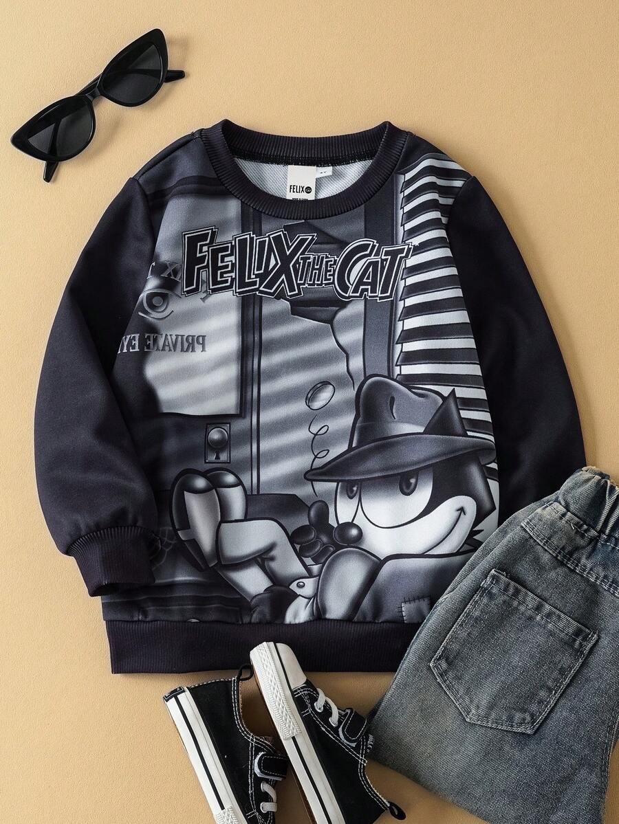 SHEIN Felix The Cat بلوزة بياقة طاقم مطبوع عليها رسوم كرتونية وحروف، كم طويل للأولاد - الأسود - مشاهدة 1