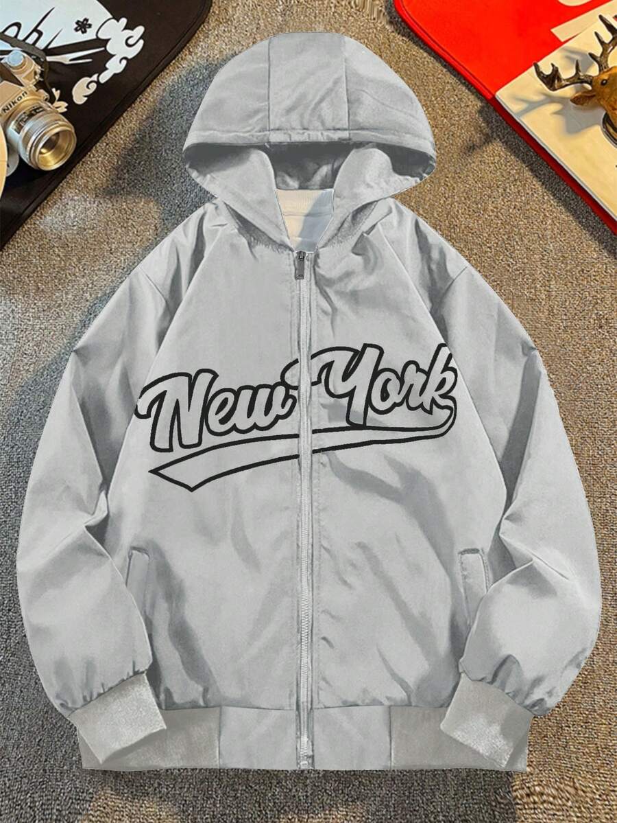 Manfinity Roghcode Áo khoác thường ngày New York dài tay có mũ trùm đầu có khóa kéo cho nam - Màu Xám nhạt - Xem 1