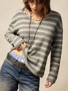 Bohemela BOHO Casual Knit Striped V-Neck Hollow Out Twist Tie Tee Shirt For Women, Suitable For Winter, Christmas, New Year, Valentine's Day, Music Festival