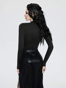 Breakform Women's Gothic Style Round Neck Hollow Patchwork Diamond Mesh Ruched Faux Leather Trim Eyelet Detail Fitted Long Sleeve Top - Black - View 2