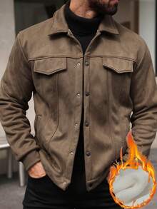 Manfinity Homme 男士保暖内衬休闲单排扣保暖夹克，秋冬短款男士夹克，棕色衬衫式夹克，男士大地色系秋季系列 - 棕色 - 查看 5