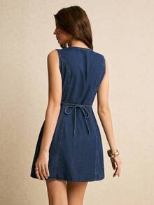 Poéselle Women's Round Neck Single-Breasted Casual Sleeveless Denim Dress  Valentine - Dark Wash - View 3