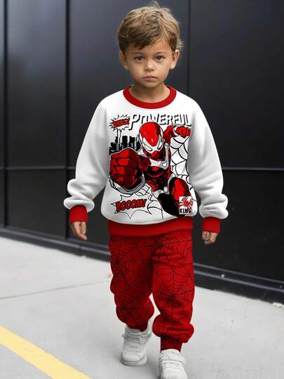 SHEIN 2件套男童宽松休闲卡通动物印花运动风卫衣裤套装，舒适透气，适合夏季穿着