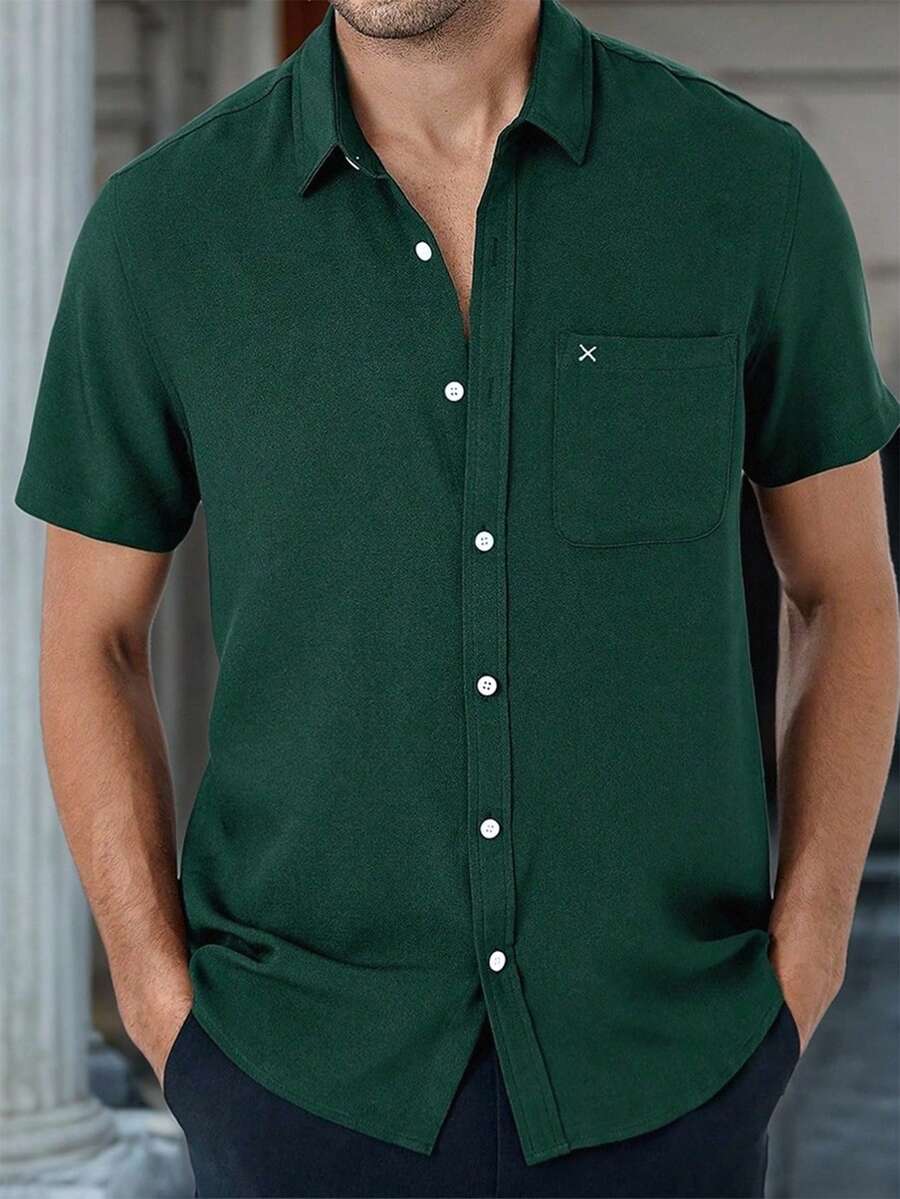 Manfinity Homme Men Solid Button Up Pocket Patched Shirt - Dark Green - View 1