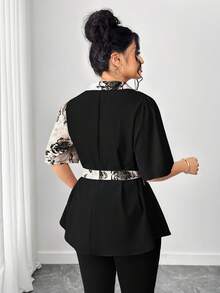 Elenzga 大码女式花卉印花拼接衬衫，优雅休闲度假装 - 黑色 - 查看 2