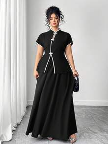 Elenzga Conjunto de 2 piezas de camisa abotonada con bloqueo de color elegante y falda para talla grande - Negro - Ver 5