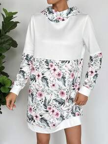 EMERY ROSE Casual Thermal Lined Hooded Patchwork Midi Sweatshirt, Winter - White - View 5