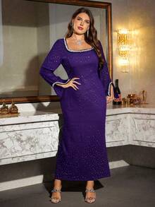 SHEIN Clasi 大码优雅派对水钻装饰修身连衣裙 - 紫色 - 查看 5