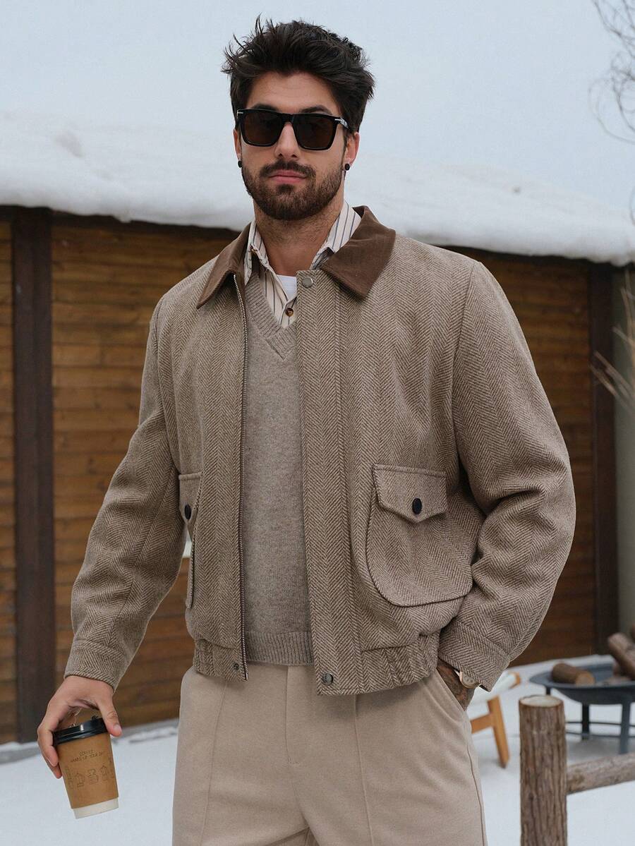 DAZY Men's Thick Twill Fabric Patchwork Collar Design Jacket And Coat, Autumn/Winter - Multicolor - View 1