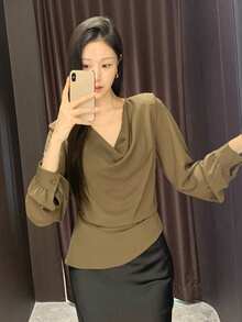 DAZY Unique Design Plunging Neck Long Sleeve Blouse For Women - Brown - View 8