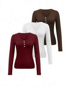 INAWLY Women's Plus Size V-Neck Ribbed Button Decor Daily Versatile Long Sleeve T-Shirt - Multicolor - View 3