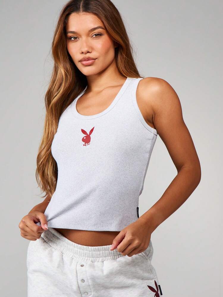 Missguided x Playboy Débardeur côtelé avec logo de lapin, débardeur court à encolure dégagée et coupe ajustée pour un port casual au quotidien