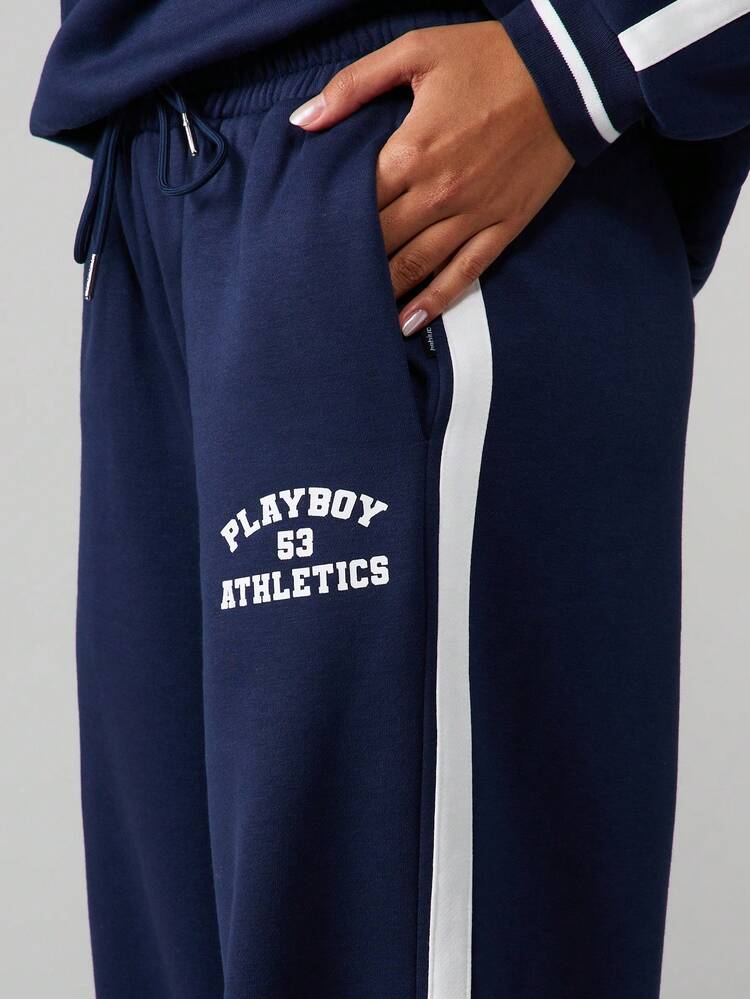 Missguided x Playboy Pantalones jogger de pierna ancha con detalles de rayas laterales y cintura con cordón para comodidad casual