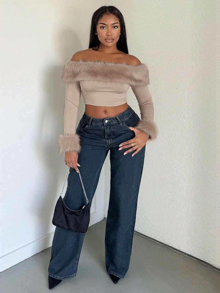 Alexandranx Áo crop top tay dài trễ vai thời trang cho nữ Áo crop top tay dài trễ vai viền lông - Màu be - Xem 1