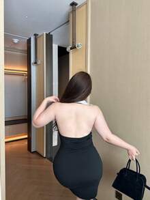 Vibekara Women's Halter Backless Mesh Patchwork Slit Sexy Mini Skirt