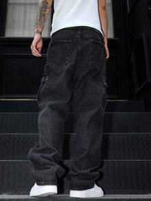 Manfinity EMRG 男士休闲水洗直筒工装牛仔裤 - 深灰色 - 查看 2