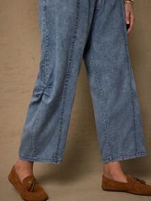 Freevana Plus Size Women Elastic Waist Pockets Loose Fit Tapered Casual Pants Boho Women Clothing Casual Pocket Jeans Embroidery Baggy Jeans Women Loose Jeans - Blue - View 8