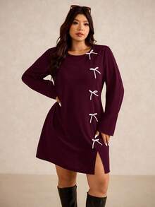 Elaquor Đầm ôm sát cơ thể tay dài thắt nơ thanh lịch cơ bản, kiểu dáng đô thị sang trọng cỡ lớn, cổ tròn, mùa thu - Màu Đỏ Sâu - Xem 3