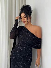 Rafferiza Women's Solid Color Asymmetric Ruffle Design Long Sleeve Sequin Embellished Fitted Elegant Dress - Black - View 3