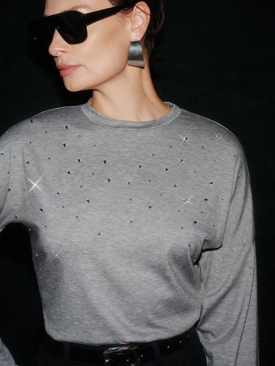 Lumivelle Luminelle Sequin Embellished T-Shirt, Fashionable For Women In Autumn/Winter Long Sleeve Top Grey Tops Rhinestone Shirt Sparkle Top Studded Top - Grey - View 1