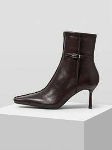 Mnmlis 欧美风方头高跟踝靴，百搭细跟短靴，2025秋冬新款 - 棕色 - 查看 2