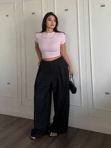 Sunnyshic 大码女式纯色复古学院风百搭浪漫可爱纽扣前褶阔腿弹力腰宽松休闲裤，适合春、夏、秋季工作和通勤穿着。 - 黑色 - 查看 4