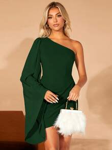 SHEIN Belle Women's Elegant Party Solid Color Asymmetric Neck Flare Sleeve Wrap Dress - Dark Green - View 1