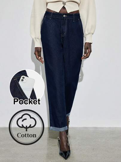 Maija Women's Dark Blue Low-Rise Tapered Jeans With Folded Hem, Mom Pants