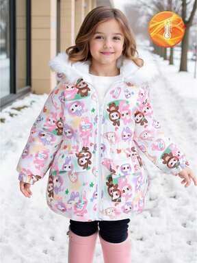 SHEIN Winter New Cute Cartoon Pattern Young Girl Thermal Lined Thick Hooded Jacket With Waist Cinch