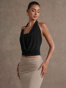 L'Amorae 女士纯色金属链垂褶领上衣 - 黑色 - 查看 4