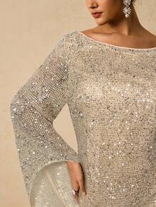 Freevana 大码女式亮片装饰船领休闲日常通勤长袖连衣裙 - 杏色 - 查看 1