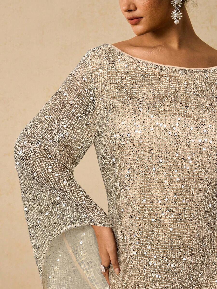 Freevana 大码女式亮片装饰船领休闲日常通勤长袖连衣裙 - 杏色 - 查看 1