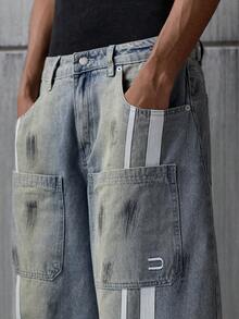 NEON BLANC 男士口袋条纹休闲百搭日常通勤阔腿牛仔裤 - 藍色 - 查看 4