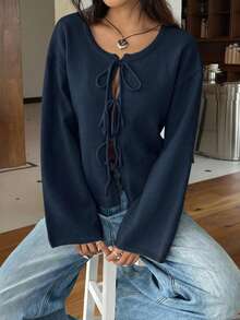 SHEIN EZwear 女士纯色前系带长袖休闲衬衫，秋冬季适合上学的上衣 - 藏蓝色 - 查看 3