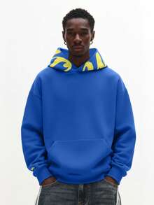 SUMWON Áo hoodie chui đầu dáng suông, có mũ in họa tiết, dây rút, túi giữa, phong cách thường ngày, áo nỉ thể thao mùa đông thu. - Màu xanh lam - Xem 3