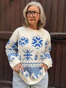 Vivie Lora Women's Loose Fit Crew Neck Christmas Snowflake All-Over Print Sweater, Blue - Blue - View 6