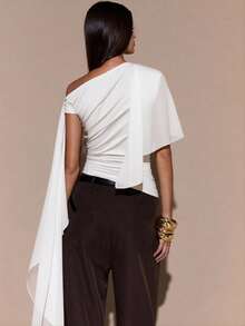 SHEIN BAE Women's Asymmetric Shoulder Ruched Neck Tie Knit Top, Elegant Fitted Sweater, Autumn/Winter