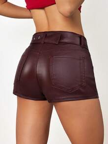 Jeanoix Women's Low Waist Double Belt Faux Leather Coated Shorts - Burgundy - View 2
