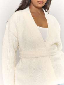 MUSERA Plus Knitted Vneck Wrap Tie Waist Cardigan , Autumm, Winter, Cool Girl, Cosy, Everyday, Tusk - White - View 2