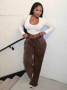 Alexandranx Quần thể thao rộng rãi cạp chun màu trơn cho nữ - màu nâu - Xem 1