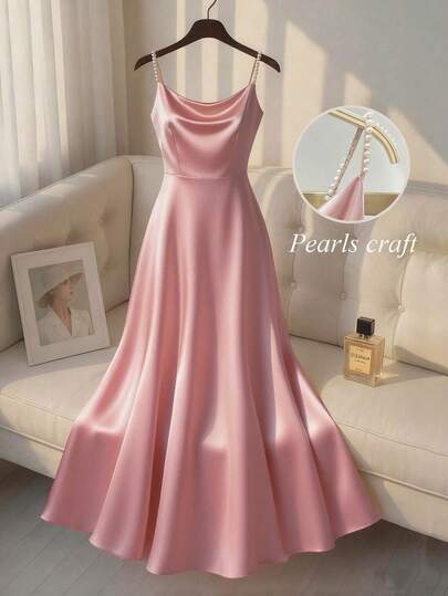 SHEIN Franclia 女士优雅缎面珍珠吊带连衣裙，A字廓形，适合通勤、派对和各种活动。